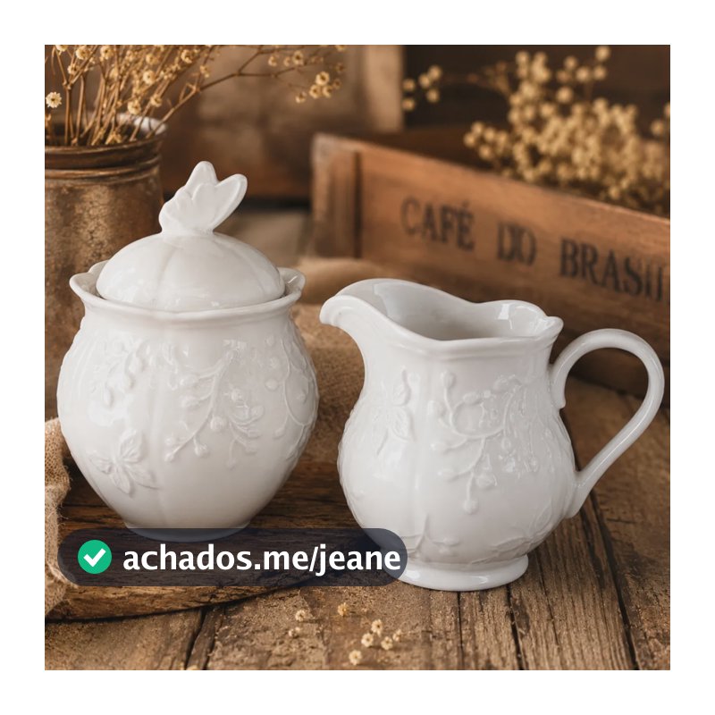 Jogo 2 Peças Açucareiro E Leiteira De Porcelana Florido Lyor Branco