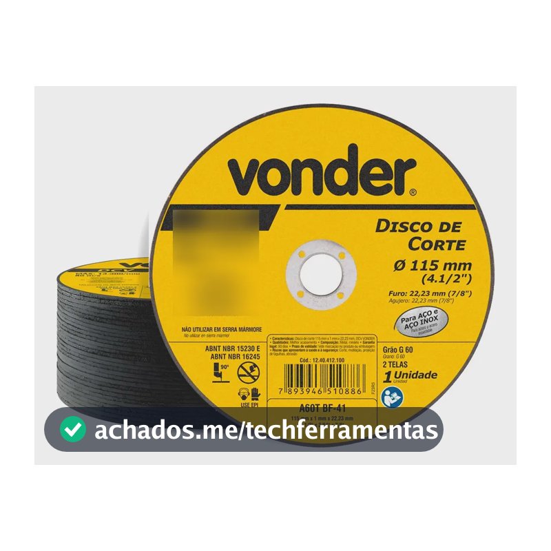 Kit 50 Disco De Corte 115mm X 1,0mm X 22,23mm Grão 60 Vonder Amarelo
