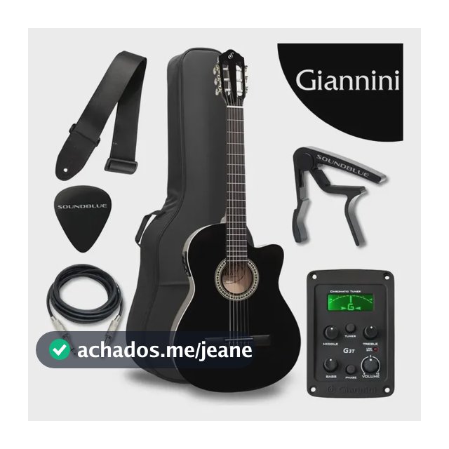 Kit Violao Giannini Eletroacustico Corda Nylon Destro Flat Cutaway Nailon Profissional Eletrico Acustico Estudo Iniciante Preto Acessorios Completo Afinador Equalizador Correia Capa Cabo Soundblue
