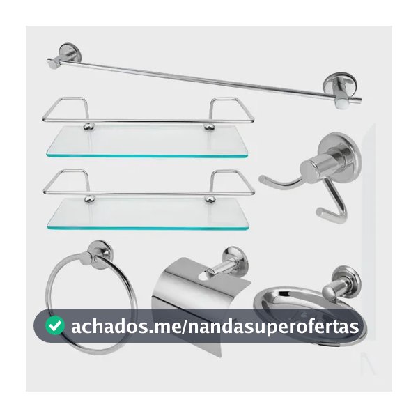 Kit Acessórios  Banheiro Inox + 2 Porta Shampoo Reto Vidro Prateado