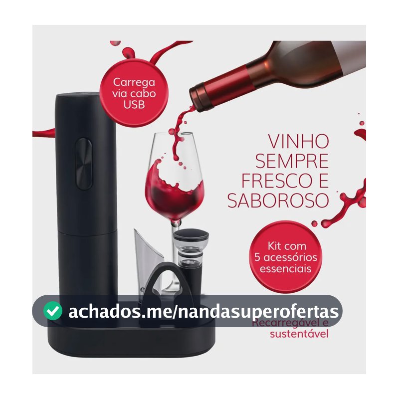 Kit Abridor De Vinho Elétrico Recarregável Usb - Saca Rolhas Preto Com Base