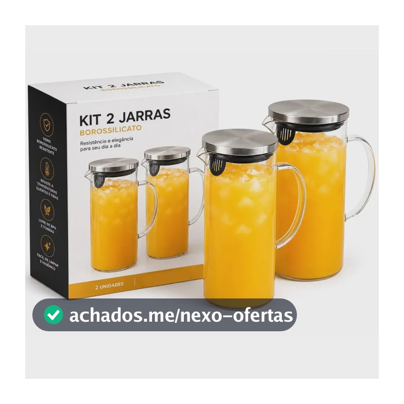 Kit 2 Jarras Borossilicato 1 Litro Tampa Inox Agua Saborizada Suco Chá Transparente