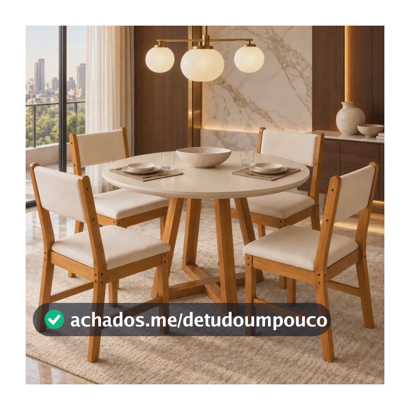 Sala de Jantar Mesa Redonda Valentina Off White Nature com 4 Cadeiras Lugano Freijó Marfim Estofadas Suede Sala Cozinha Moderna