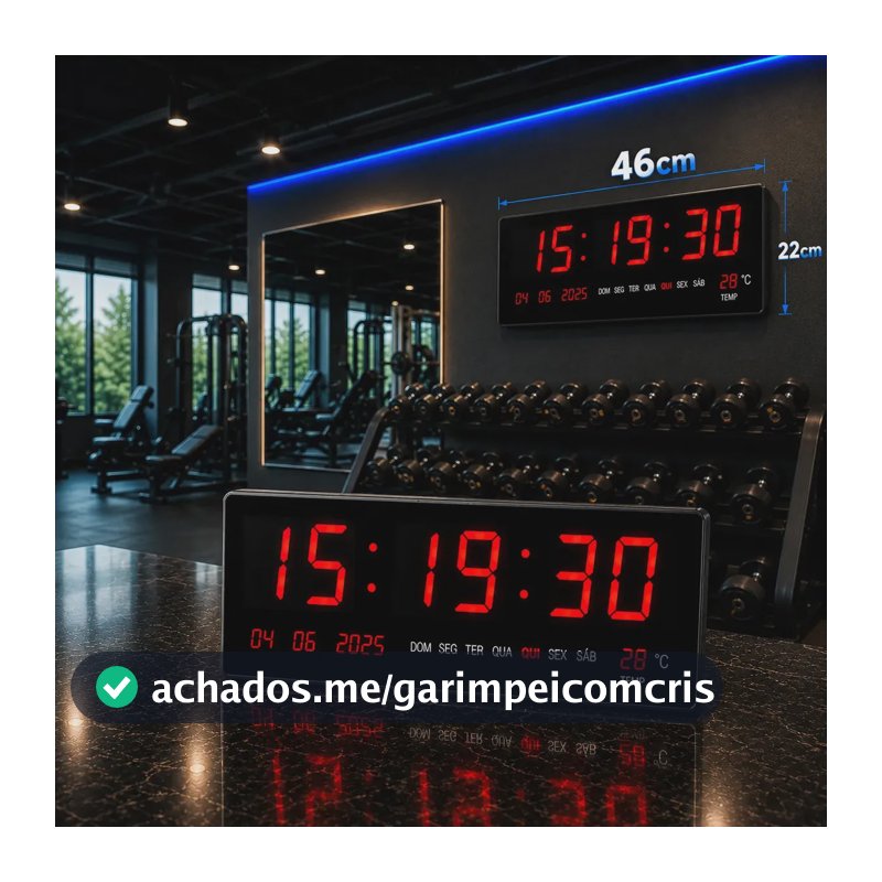 Relógio Parede LED Digital Grande 46x22cm Hall Entrada Academia Hospital Igreja Comércio Recepção Calendário Termômetro Data Hora 12/24h Temperatura Dia Mês Ano Memória Bivolt 110/220 Cor Preto