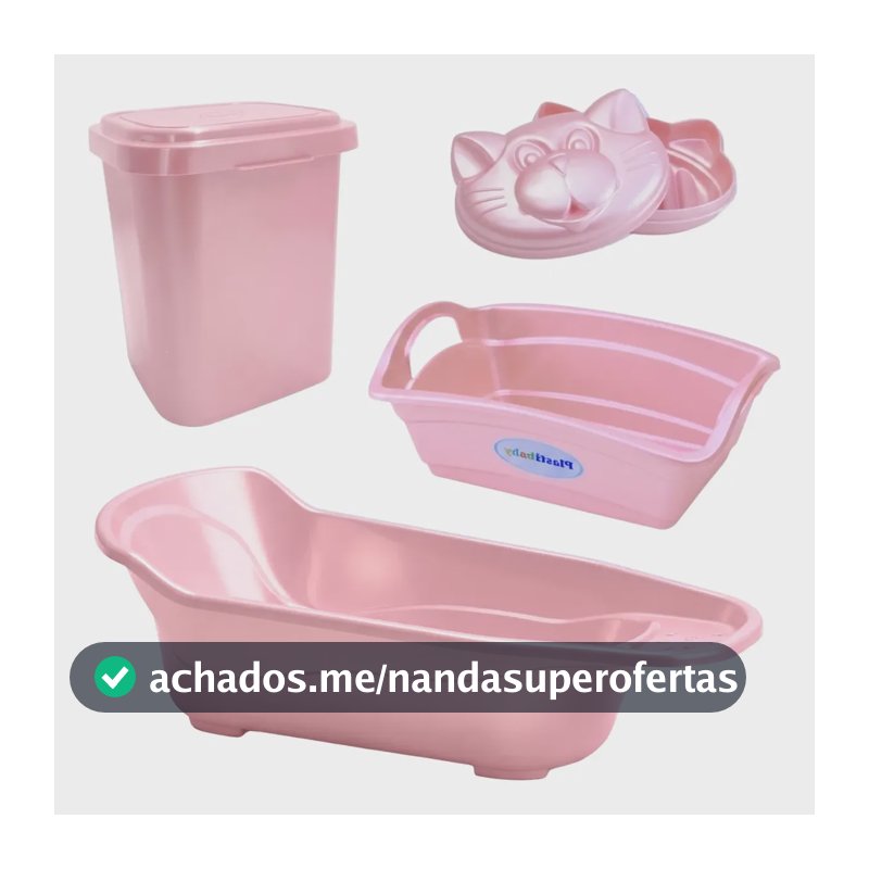 Kit Banheira Plastibaby 4pçs Organizador Lixeira Saboneteira Rosa Perolado