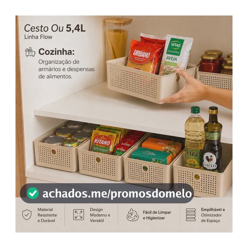 Cesto Organizador Flow 5 Litros Bege OU CFW300BGF - Para Roupas Produtos de Limpeza Alimentos Cozinha Brinquedos Papel Higiênico Armário Prateleira Quarto Closet