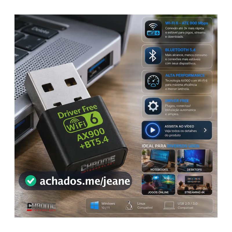 Adaptador Usb Wifi 6 Bluetooth 5.4 Alta Velocidade Placa Wi-fi Blueetoth Adaptador Wi-fi Pc Placa Wifi Pc notebook etc Adaptado Wireless Sem Fio Receptor Internet Marca Chrome Technology