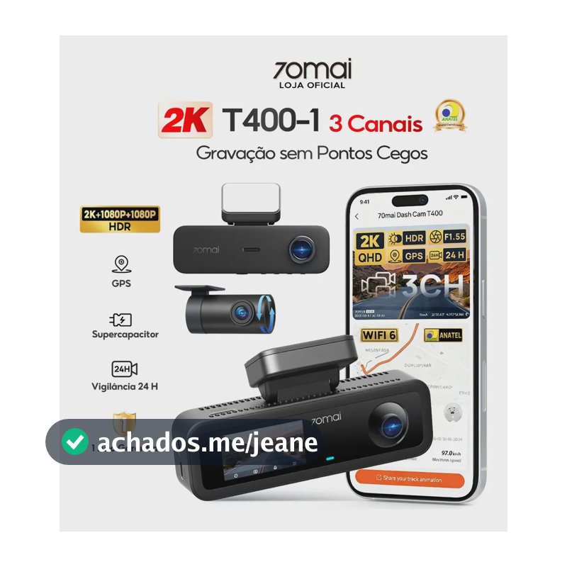 3 Camera Automotiva Veicular Carro 70mai T400-1 2k+1080p+1080p Dash Cam Câmera de Carro Uber/Taxi Câmera Veicular Hdr Gps 24h Monitoramento de Estacionamento App WiFi 6 Visão Noturna Supercapacitor
