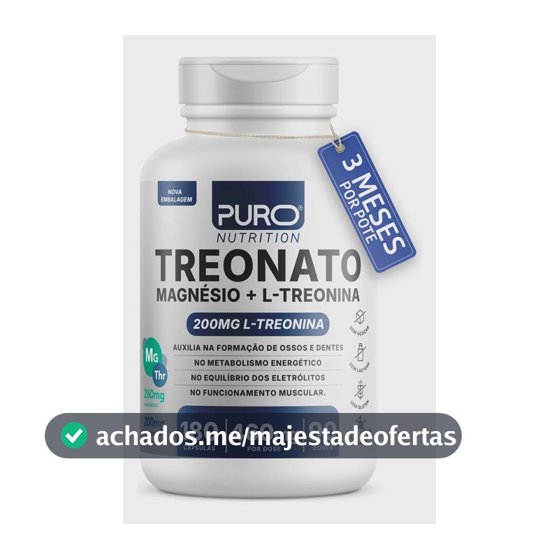 Treonato Puro Nutrition Magnésio + L-Treonina, Alto Teor de Magnésio por Porção, 180 Cápsula