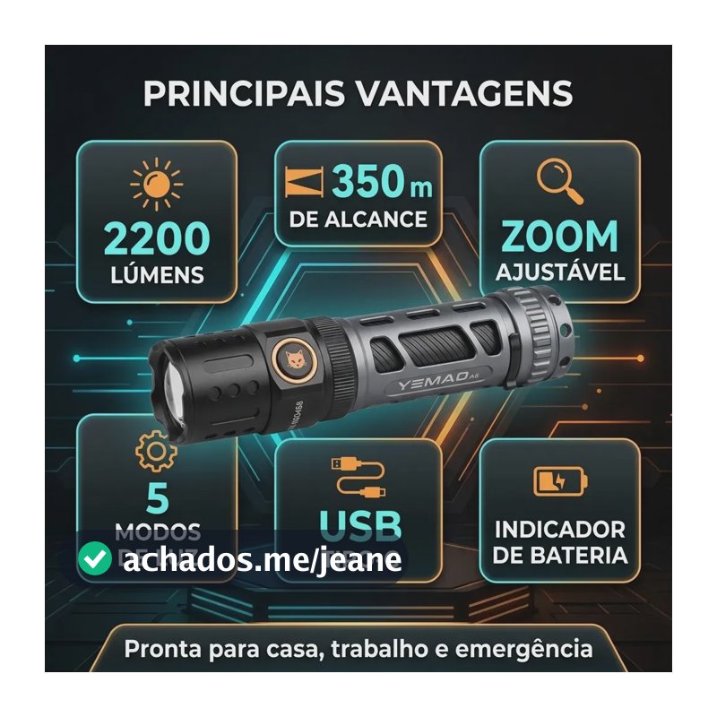 Lanterna Tática Recarregável de 2200 Lúmens com Zoom e USB-C Para Camping e Pesca