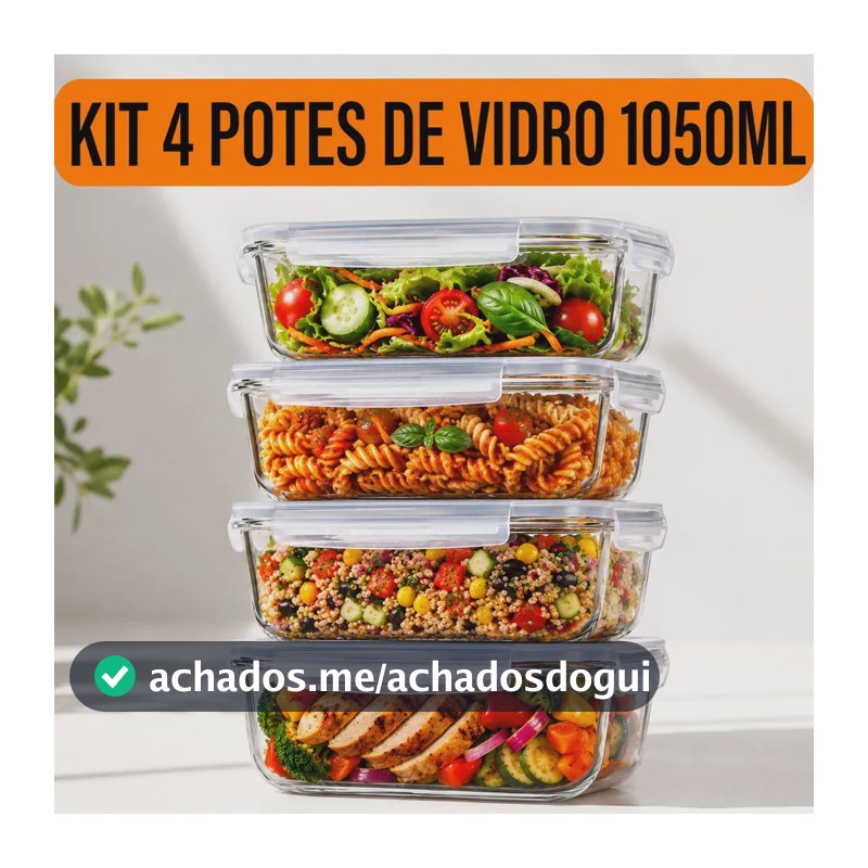 Kit 4 Potes Herméticos de Vidro Borossilicato Yab Retangular 1.05 L Com Tampa