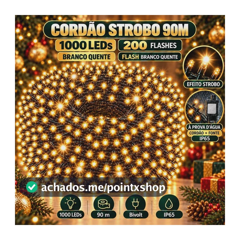 Strobo Pisca Pisca Cordão Natal 1000 Leds 90m Prova D'Água Bivolt Branco Quente 200 Flash Branco Quente Decoração Enfeite Natal LuvinCo