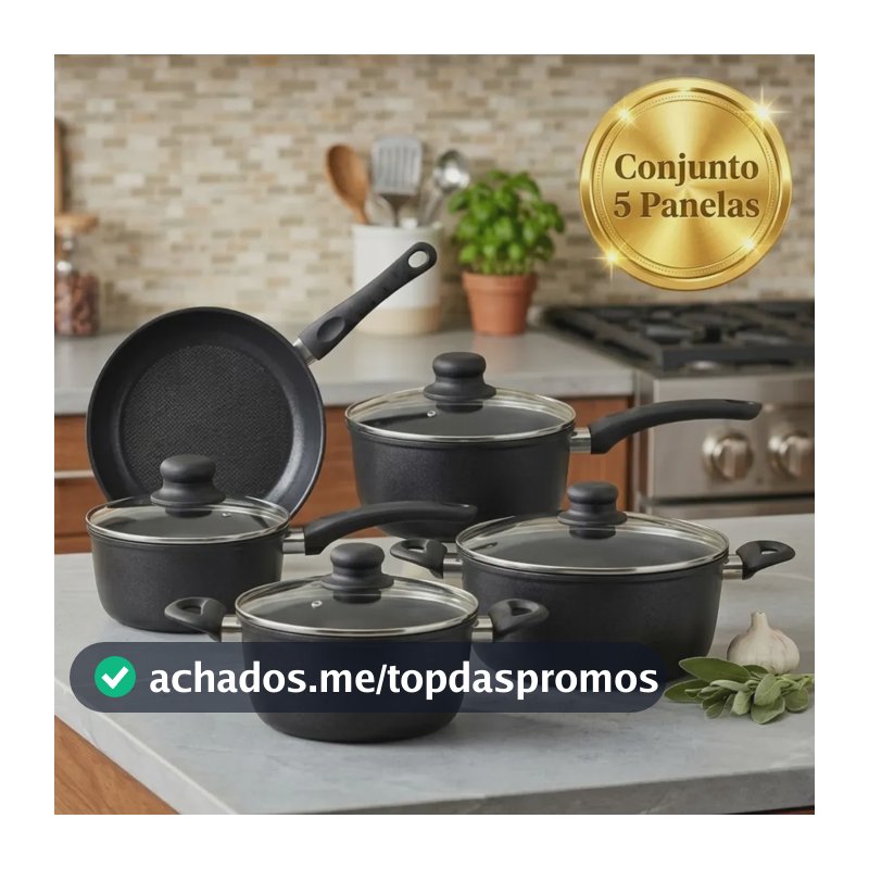 Jogo de Panelas Antiaderente 5 Peças Indução Revestimento Cerâmico Cozinha Frigideira Preta Pítia