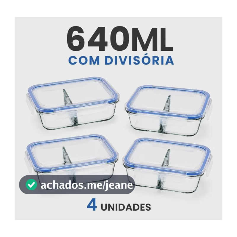 Conjunto 4 Potes Hermético Vidro 640ml C/ Divisória Marmita Transparente