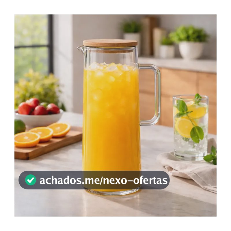 Jarra Luxo Vidro Borossilicato 1,2 L C/ Tampa Bambu Vedação Hermética Sucos Água