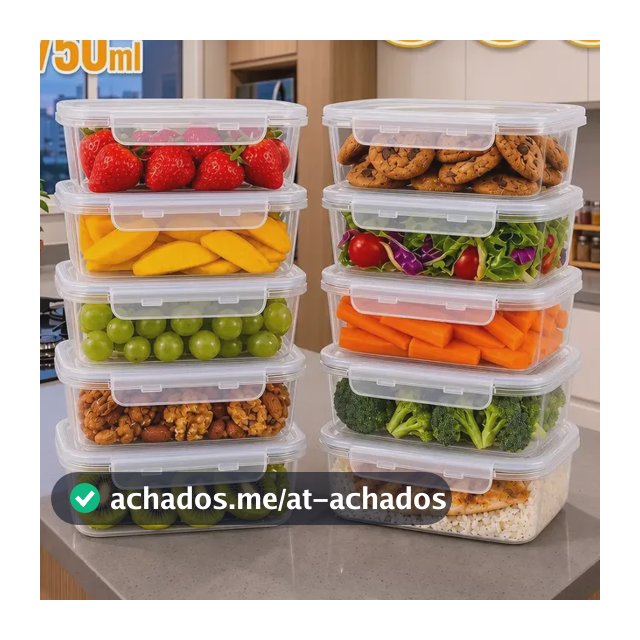 Kit 10 Potes 750ml com Tampa Trava Plástico Transparente para Mantimentos e Alimentos Marmita Organizador de Cozinha Geladeira e Freezer Jogo de Potes para Organização Ponte Lar Utilidades