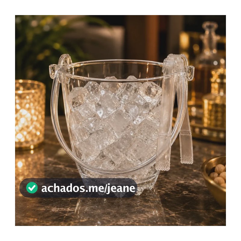Balde De Gelo Vidro Cristal 800ml Com Alça  Pegador Acrilico Cristal Liso