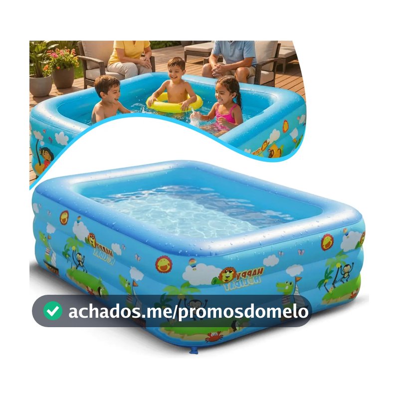 Piscina Infantil Inflável 460l Grande Retangular Pvc Reforçada 3 Anéis Criança Diversão No Verão Azul