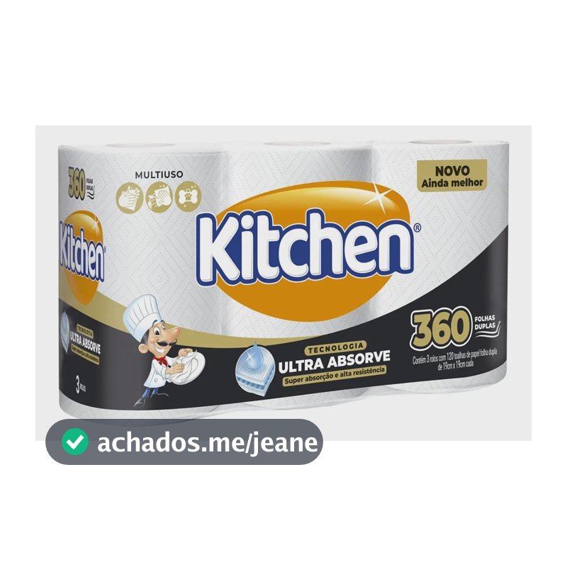 Papel Toalha Kitchen Jumbo Folha Dupla 360 Folhas 3 Rolos