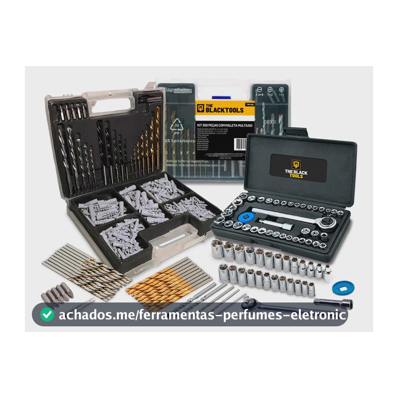 Kit Jogo De Brocas Bits E Buchas Com 300 Peças + Jogo De Chaves Catraca Reversível Soquetes 40 Peças The Black Tools