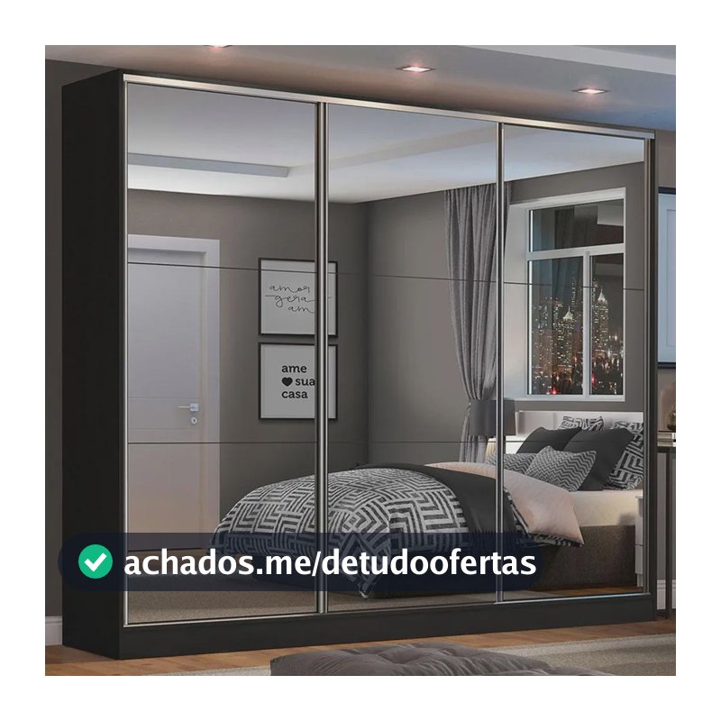 Guarda Roupa 100% Mdf Madesa Zurique 3 Portas Correr Espelho Cor Preto