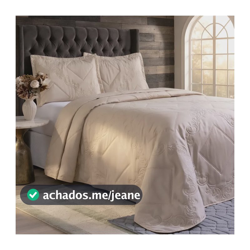 Colcha Cobre Leito Queen 3 Peças Elegante Dupla Face Bordado Matelado Malha Percal 400 Fios Qualidade Grosso Fofinha Premium Realce Classic Pompom Simples Chique Elástico Decorando Bege