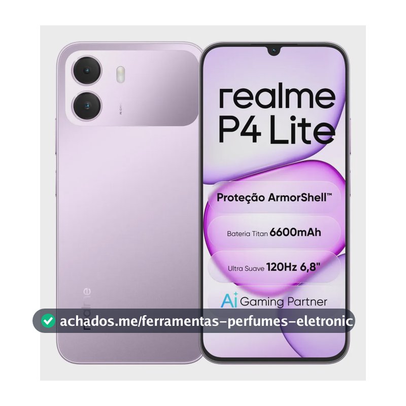 Celular Smartphone realme P4 Lite 128GB 4GB Ram (+6gb ram virtual boost) Dual Sim, Bateria Titan 6600mAh, chipset octa-core, Tela 6,8" 120Hz, Proteção ArmorShell, AI Gaming Partner, Violeta