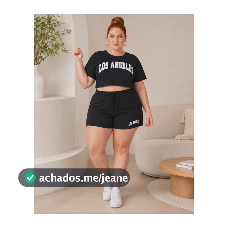 Conjunto Feminino Plus Size Moletinho Cropped E Short Verão Preto G2 ( 46-48 )