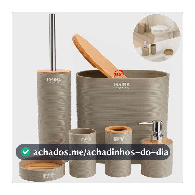 Kit Banheiro Completo Acessórios De Bambu Moderno Lixeira Com Tampa Escova Saboneteira Cor Bege Irsina