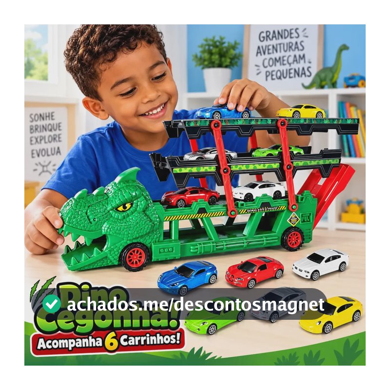 Caminhão Cegonha Lançador Dino Truck Super Pista Dinossauro Carrinhos com 6 Carrinhos Completo Lança e Engole Carros