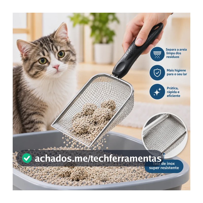 Pazinha Higiênica Coletora Pá Caixa Areia Gatos Preta Peneira inox