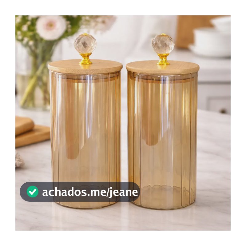 Kit 2 Potes Vidro Canelado Tampa Bambu Hermético 1l Âmbar