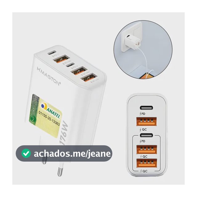 Fonte Carregador Turbo 176w Rápida 5 Saídas Usb E Tipo-c Branco