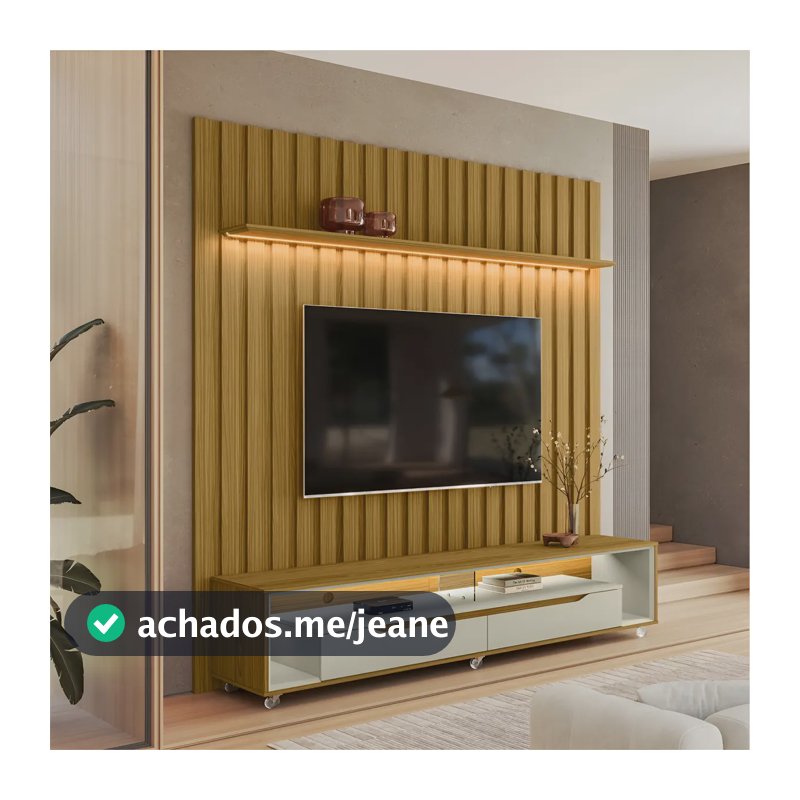 Painel Ripado Led London 177cm E Rack Loop Rodízios Tv 70 Cor Marrom-claro