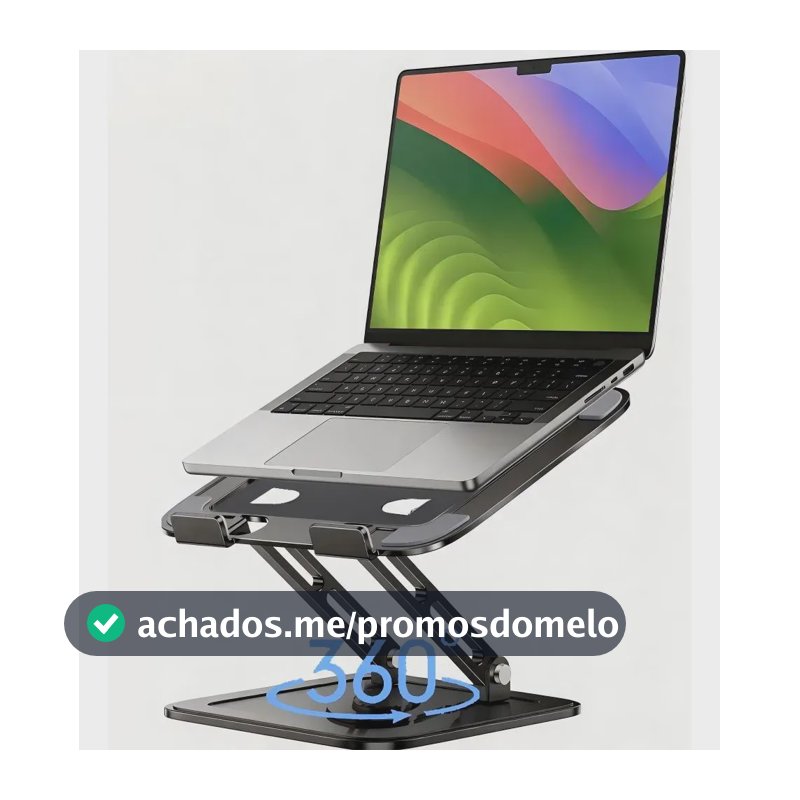 Suporte De Mesa Metal Para Notebook Eletro Mex Gira 360° suporte ergonômico para laptop para mesa, mesa dobrável e portátil para computador, compatível com MacBook Pro e Air (10-16") Preto