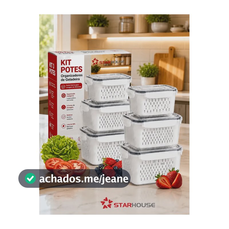 Kit 6 Organizadores Geladeira Alimentos Legumes Verduras Frutas Transparente Com Tampa Trava Hermético Escorredor - Starhouse
