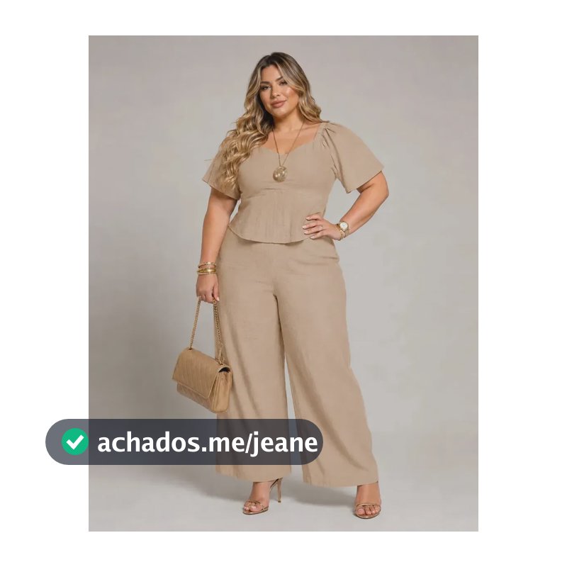 Conjunto Feminino Plus Size Pantalona Em Poléster Premium Bege G2