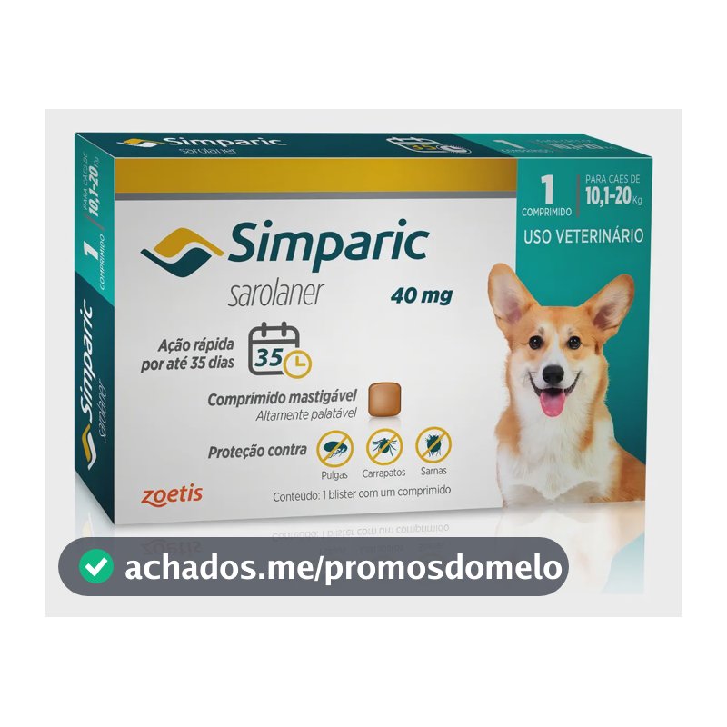 Simparic 1 Comp 40mg Pílula Antiparasitária Contra Pulgas