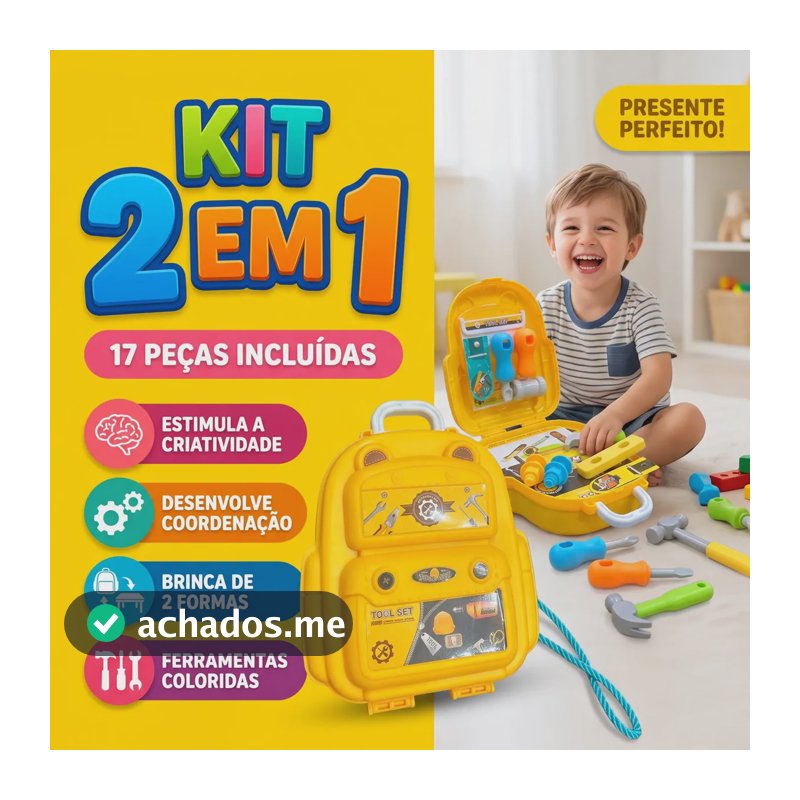 Kit Maleta Mochila De Ferramentas Infantil Bag 2 Em 1 Vira Oficina 17 Peças Plástico Criança Menino 3 Anos Brinquedo Faz de Conta Educativo Didático Construção Presente Louis Riel Acustico