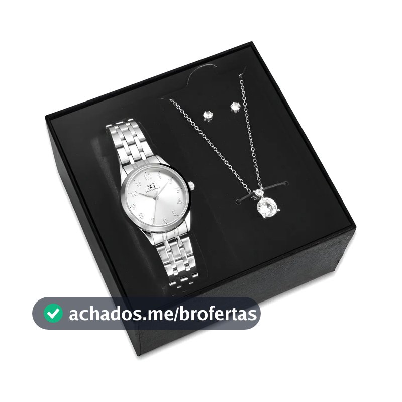 Kit Relógio Colar E Brincos Ponto De Luz Feminino Luxo Silver Saint Germain Presente Original Joias Prata Elegante Clássico 28mm