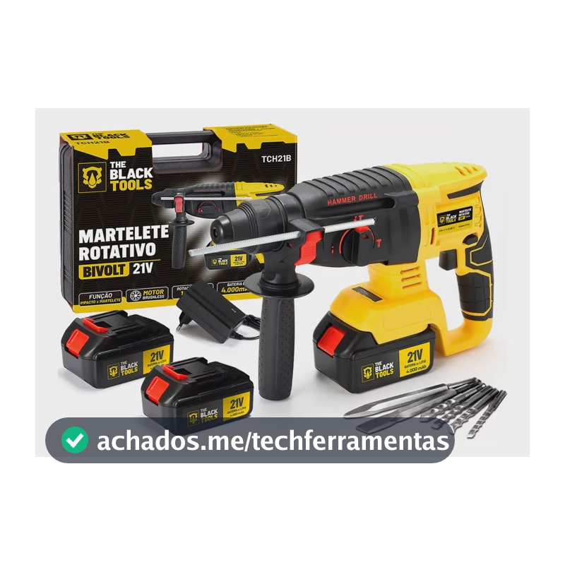 Martelete Rotativo Rompedor Furadeira De Impacto Brushless 2 Baterias 21v Com Acessórios Tch21b-2b The Black Tools