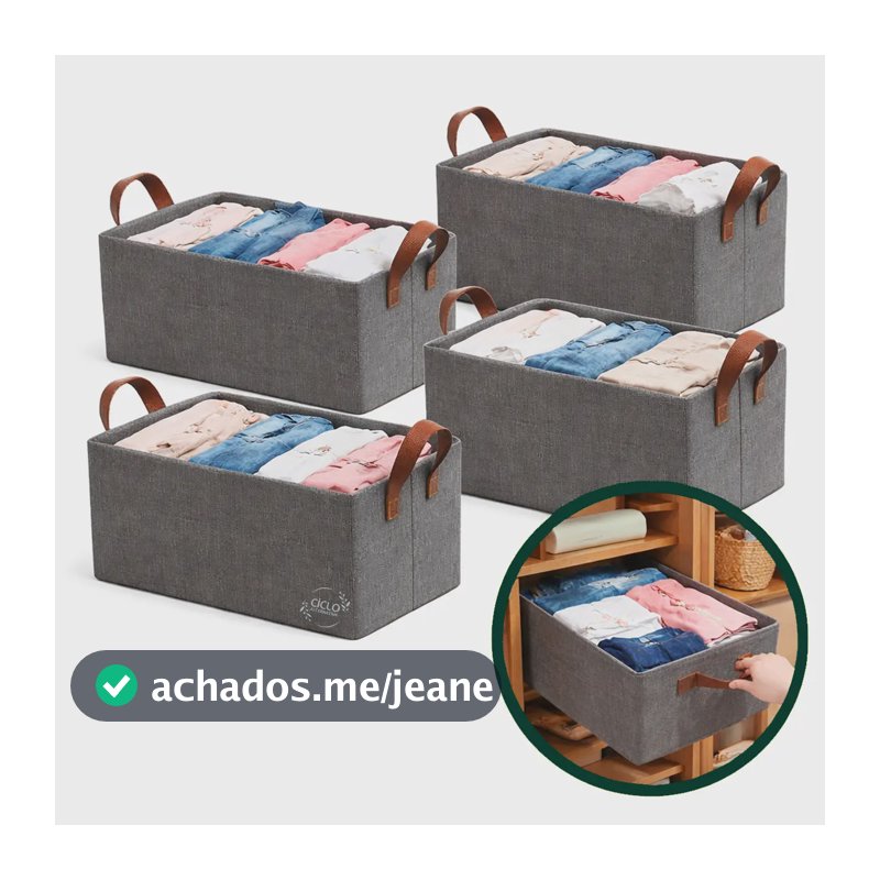 Kit 4 Caixas Cesto Organizador Grande 47x28x20cm Dobrável com Alças e Fundo Reforçado Guarda Roupa Closet Gaveta Prateleira Armário Roupa de Cama Edredom Cor Cinza