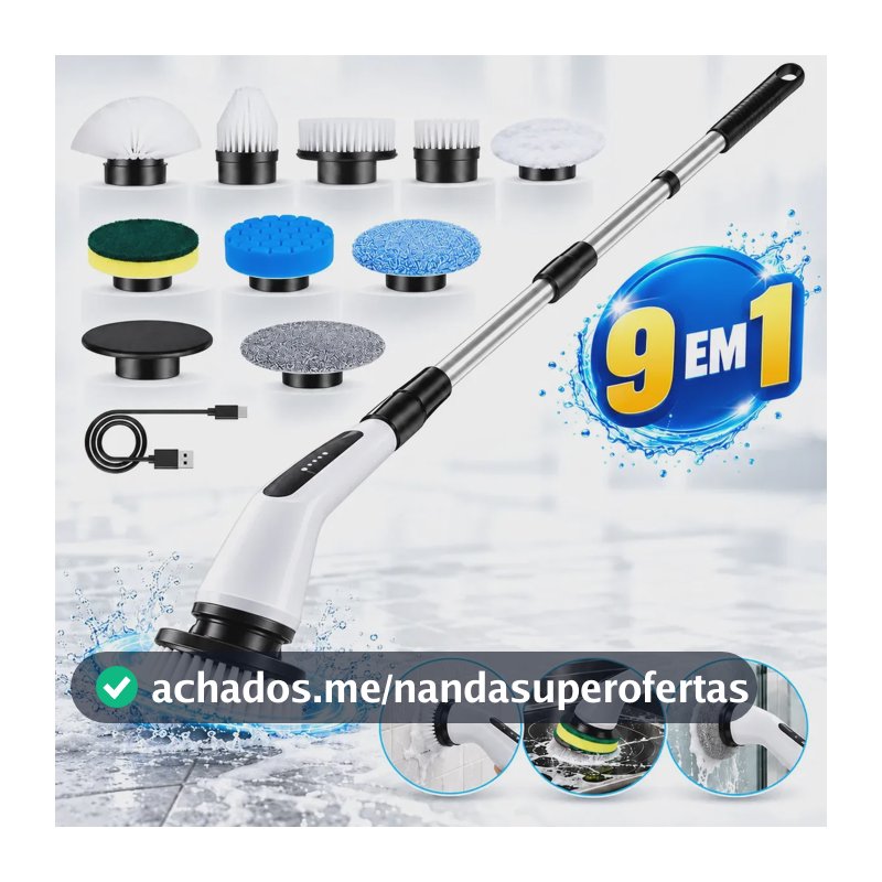 Escova Elétrica de Limpeza 9 em 1 Multifuncional Recarregável USB-C para Casa Banheiro Cozinha e Carro - Multicontrol