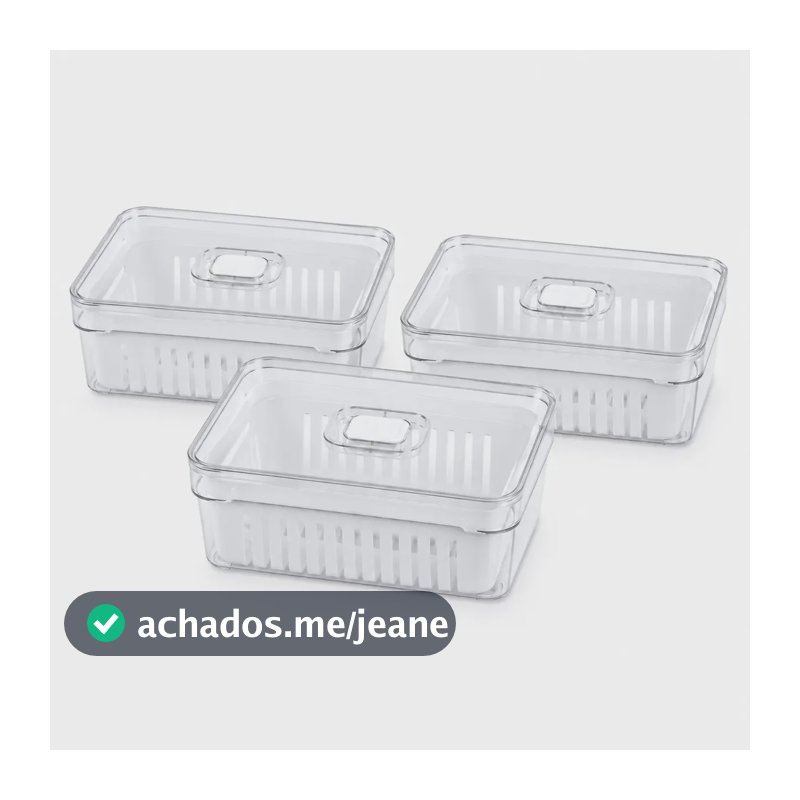 Kit 3 Potes Organizadores de Geladeira Cozena 2,2 Litros com Cesto de Drenagem Removível, Tampa e Pote Transparente Empilhável para Frutas, Legumes, Verduras, Todos os tipos de Alimentos