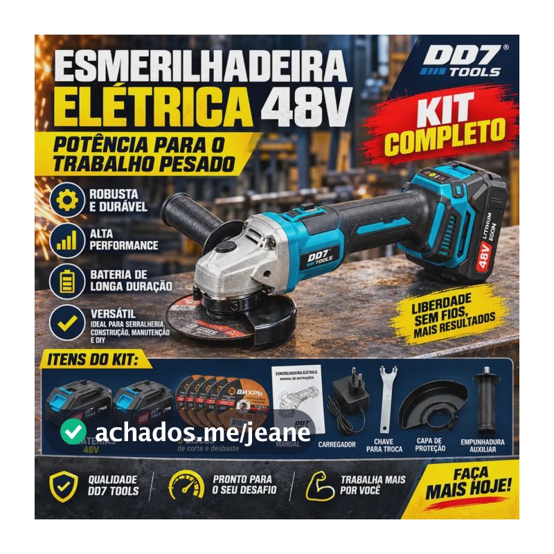 Esmerilhadeira Angular Lixadeira Sem Fio 48V 125mm Brushless Profissional 2 Baterias + 5 Discos ESPUMA VIVA