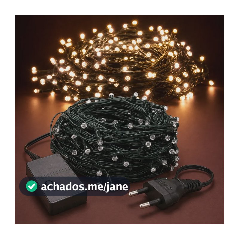 Cordão 200 Leds Pisca 20 Metros 8 Funções V8 Natal Fio Verde Branco Quente 220v