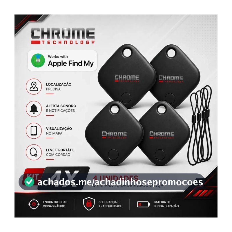 Chaveiro Localizador Smart Tag Kit 4 Rastreador Ios Apple Gps Com Cordão Chaveiro Cor Preto Compatível Com iPhone Chrome Technology