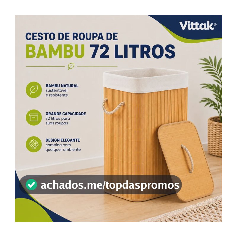 Vittak Cesto De Roupa Bambu 72 Litros Liso Dobrável Retangular Com Tampa E Forro