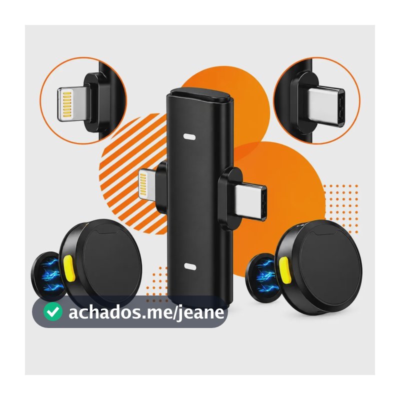 Microfone Lapela Sem Fio Duplo Imã Anti Ruído Tipo C E Lightning Compativel com Iphone e Android Pro Brindes