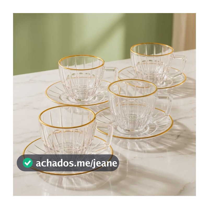 Jogo 4 Xícaras Café Vidro Cristal Borda Dourada 90ml Pires Transparente 90ml - Borda Dourada